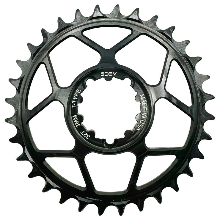 5Dev T-Type 3-Bolt Chainring 3mm Offset 32t Black, full view.
