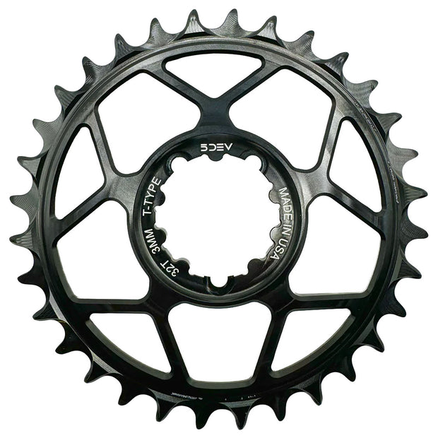5Dev T-Type 3-Bolt Chainring 3mm Offset 30T Black, full view.