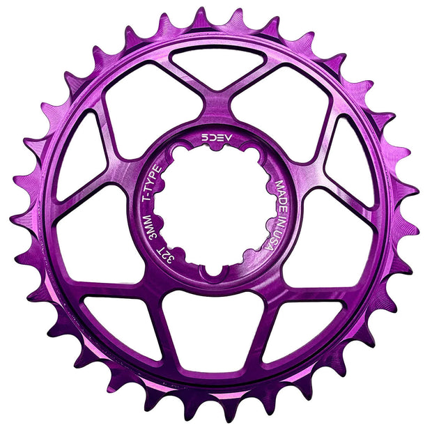 5Dev T-Type 3-Bolt Chainring 3mm Offset 32T Purple, full view.