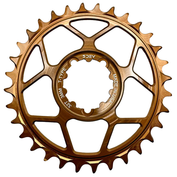 5Dev T-Type 3-Bolt Chainring 3mm Offset 32T Kashima, full view.
