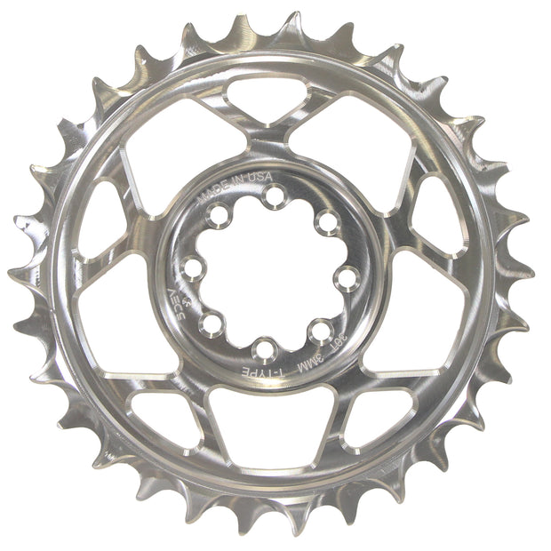 5Dev T-Type 8-Bolt Chainring 3mm Offset 34T Clear, full view.