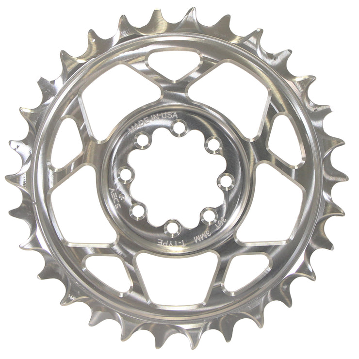 5Dev T-Type 8-Bolt Chainring 3mm Offset 34T Clear, full view.