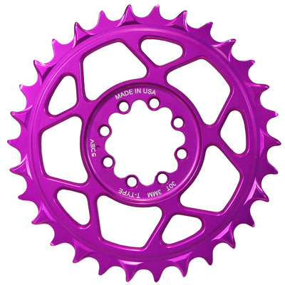 5Dev T-Type 8-Bolt Chainring 3mm Offset 32t Purple, full view.