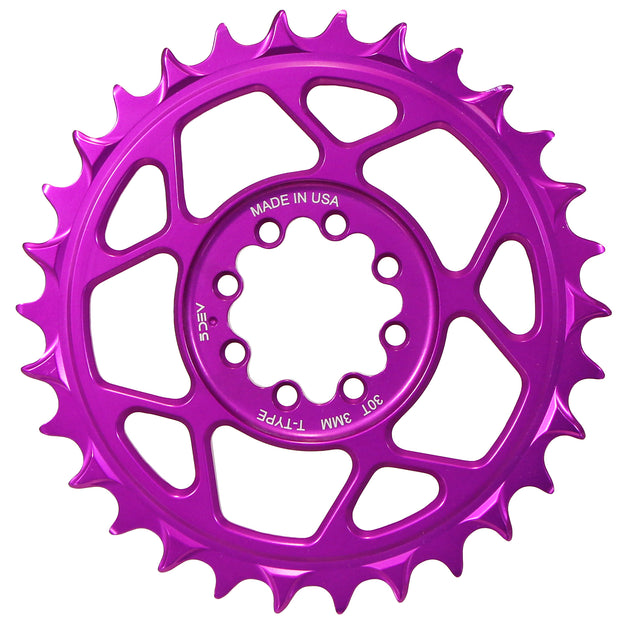 5Dev T-Type 8-Bolt Chainring 3mm Offset 30t Purple, full view.