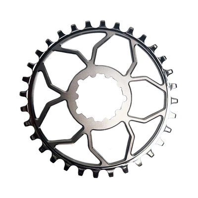 5Dev Titanium 3-Bolt Chainring 3mm Offset 32t Raw/Silver, full view.