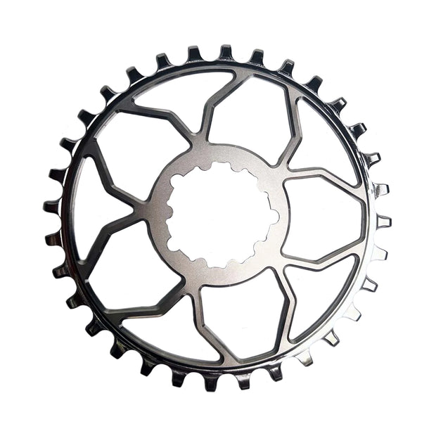 5Dev Titanium 3-Bolt Chainring 3mm Offset 32t Raw/Silver, full view.