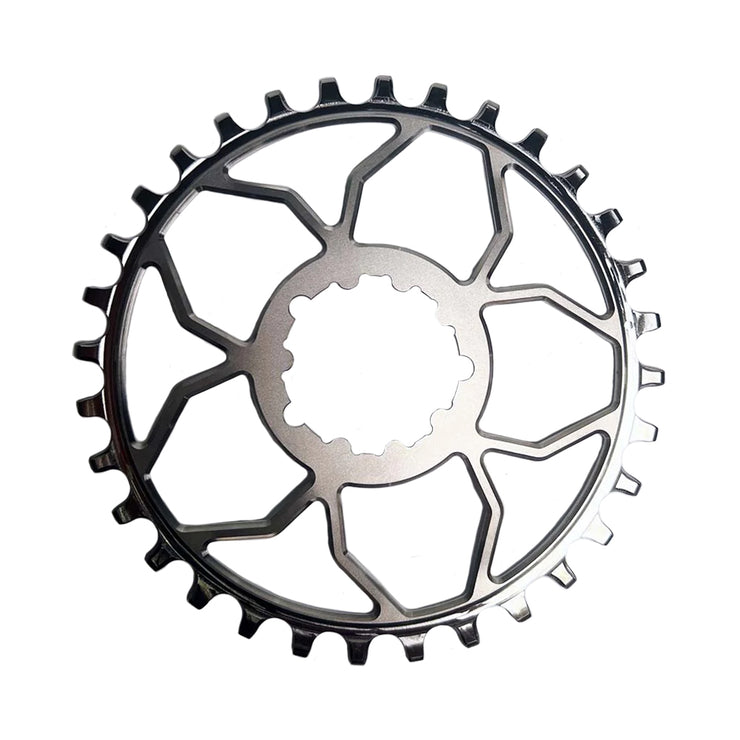 5Dev Titanium 3-Bolt Chainring 3mm Offset 32t Raw/Silver, full view.