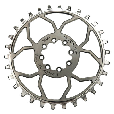 5Dev Titanium 8-Bolt Chainring 3mm Offset 30T Raw/Silver, full view.