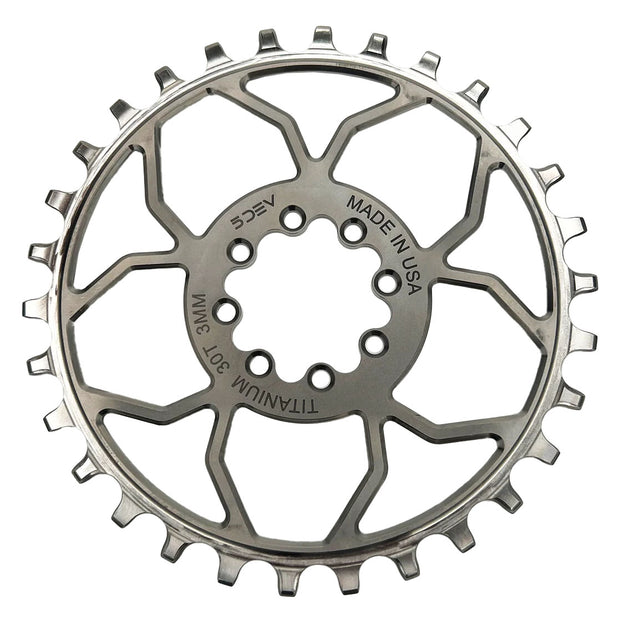 5Dev Titanium 8-Bolt Chainring 3mm Offset 32T Raw/Silver, full view.