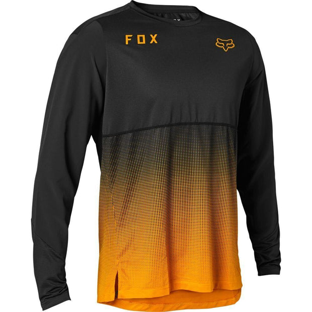 Fox Flexair Long Sleeve Jersey, black/gold, front view.