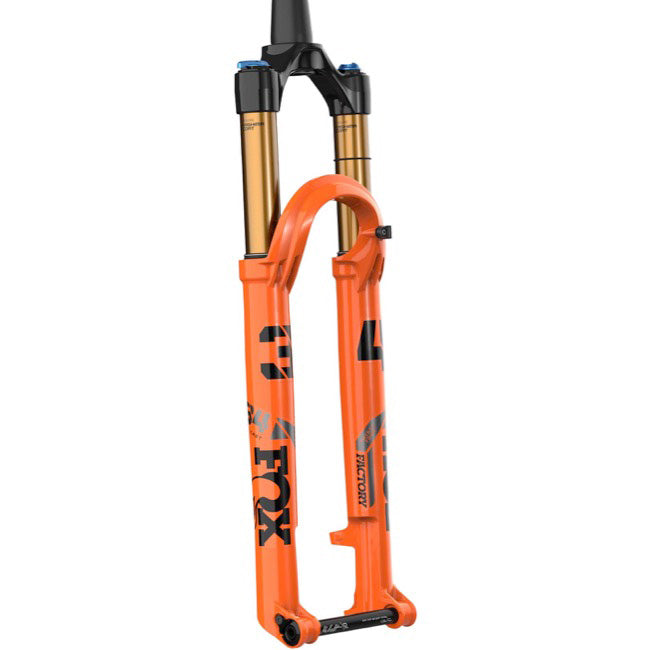 Fox 34 Factory Step Cast 120mm Fork - 29” 44mm Rake, Grip SL, Kabolt, 3-Position, Shiny Orange, full view.