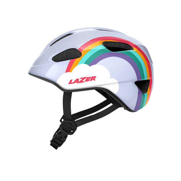 Lazer Pnut Kineticore Kids’ Helmet, rainbow, side view.
