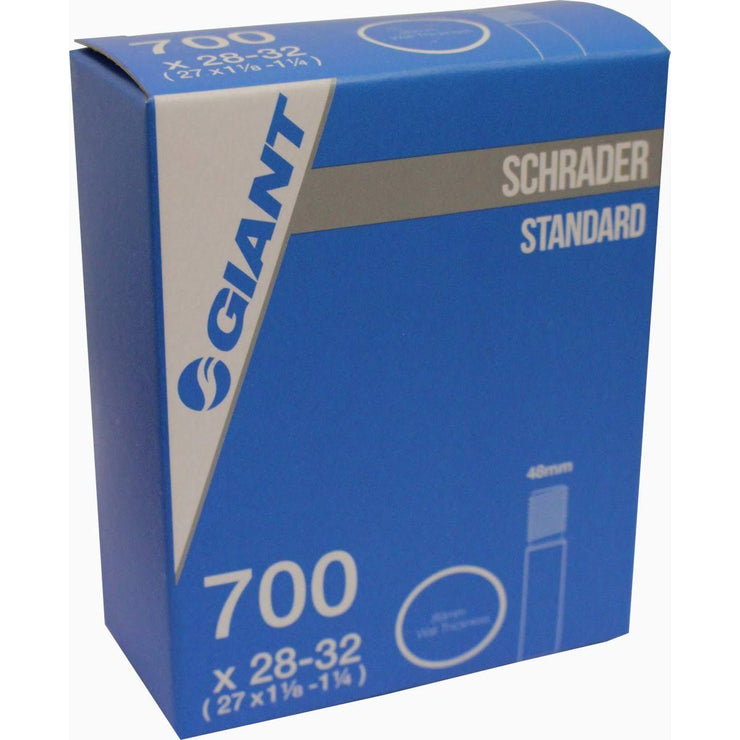 Giant 700c x 28 - 32, 48mm Schraeder Valve Bike Tube, full view in box.