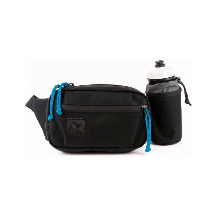 High Above Lookout Standard Hip Pack, black w/ Blue Zipper, full view.