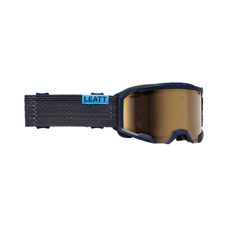 Leatt Velocity 4.0 MTB X-Flow Iriz Goggle, blue/bronze, full view.