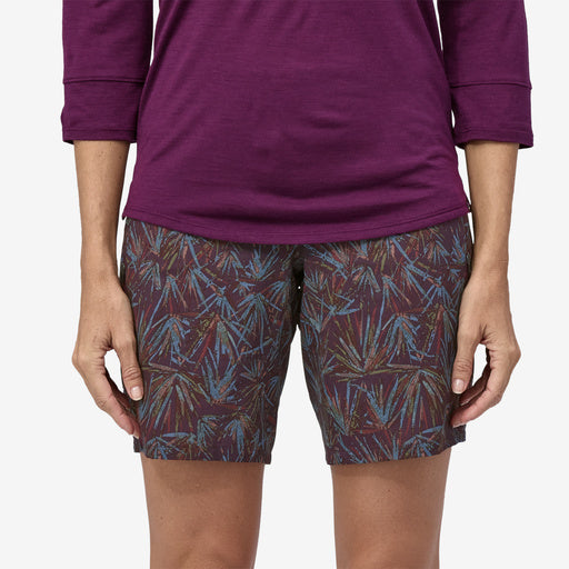 Patagonia women's tyrolean bike shorts night plum front view on model