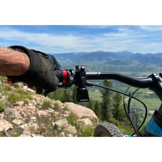 Bicycle handlebar with a gloved hand gripping the brake lever, set against a scenic mountain backdrop.
