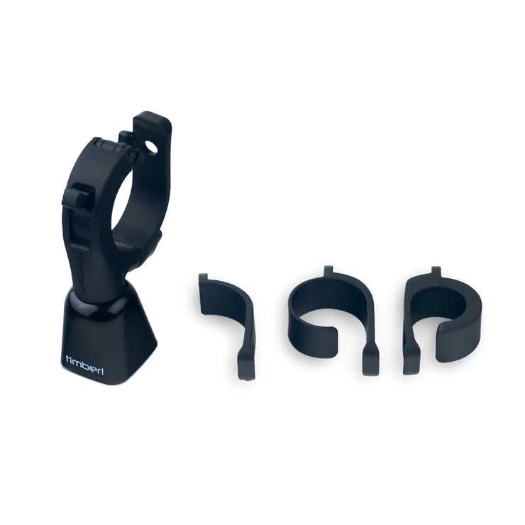 Black timber quick release yew bike bell, with handlebar shims