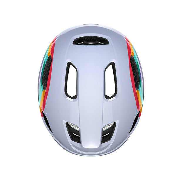 Lazer Pnut Kineticore Kids’ Helmet, rainbow, top view.