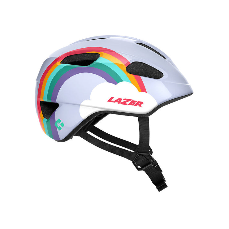 Lazer Pnut Kineticore Kids’ Helmet, rainbow, full view.
