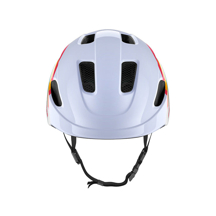 Lazer Pnut Kineticore Kids’ Helmet, rainbow, front view.