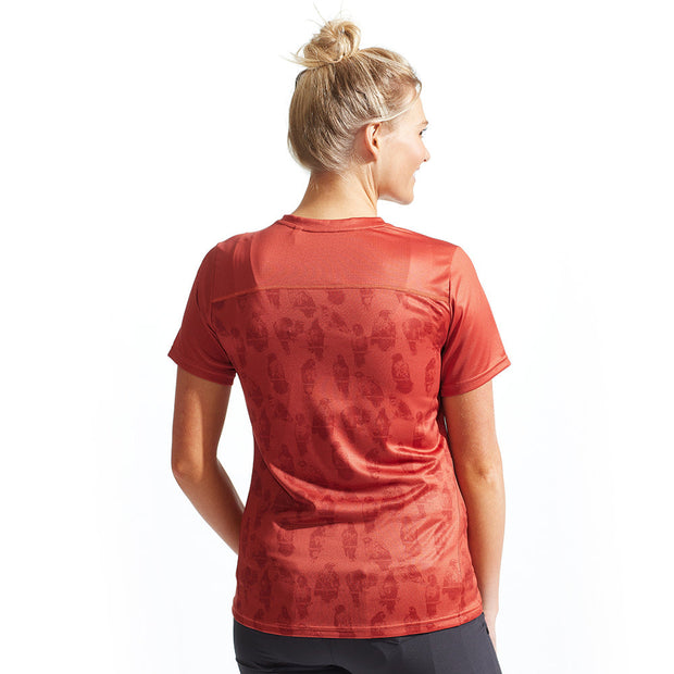 Pearl Izumi Women's Summit Short Sleeve Jersey, adobe birds, back view, on model.