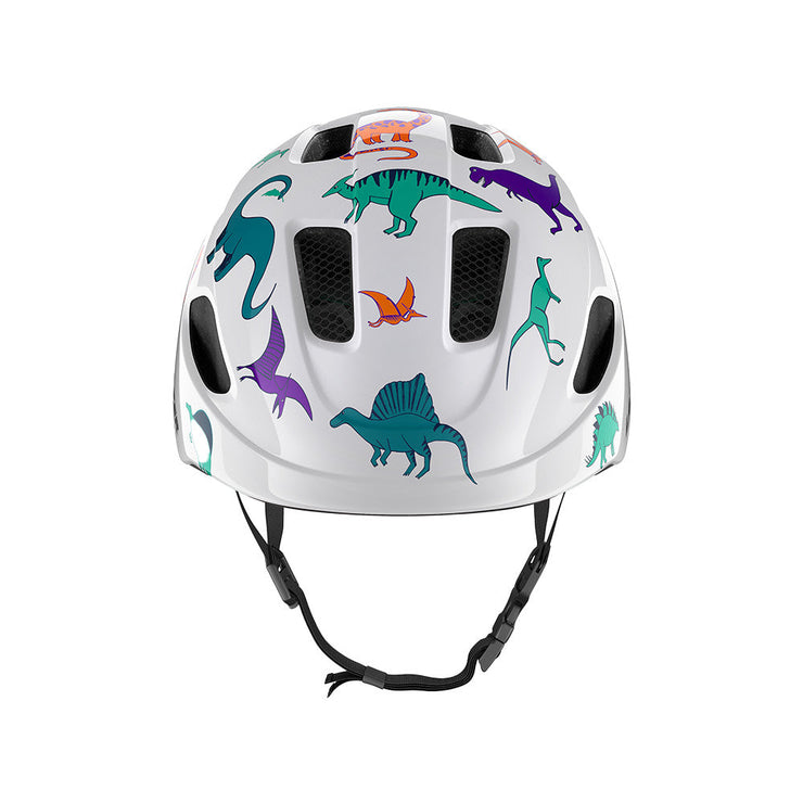 Lazer Pnut Kineticore Kids’ Helmet, dinosaurs, front view.