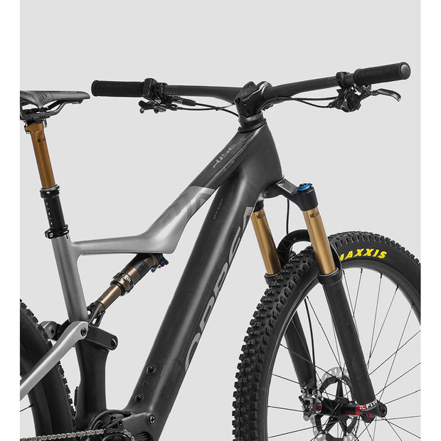 2023 Orbea Rise M20 Carbon Raw / Shark Grey (Matte), rear shock view.