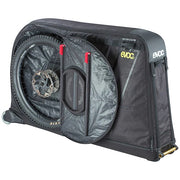 EVOC Bike Travel Bag Pro, Multicolor Purple. View of external, separate wheel compartments with disc protection.