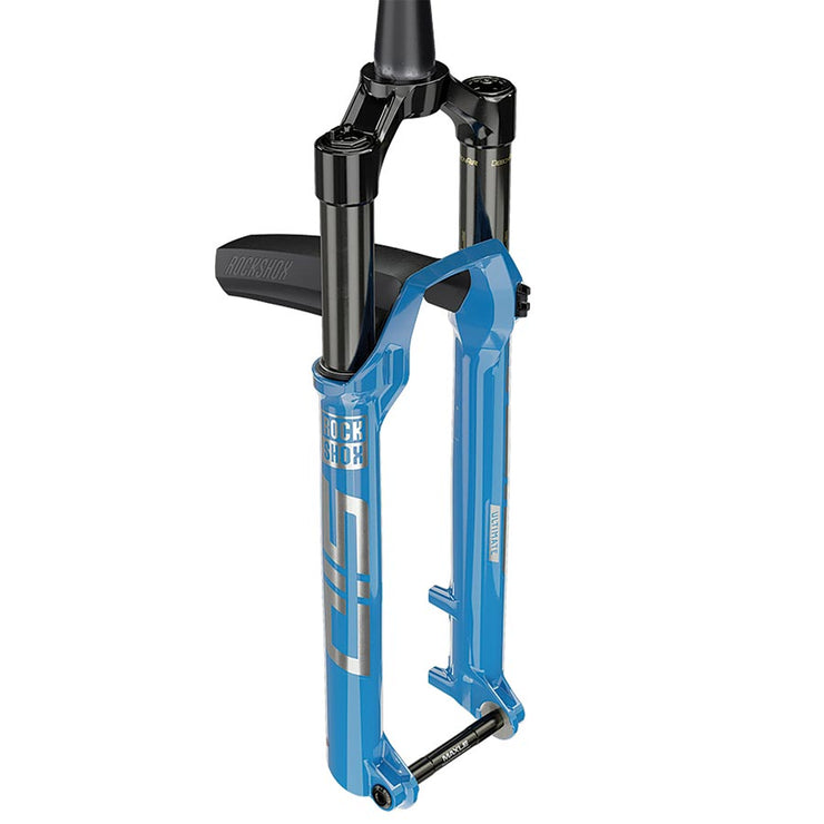 140831-04-29RockShox SID Ultimate C1 120mm Mountain Bike Fork, blue, full view w/fender.