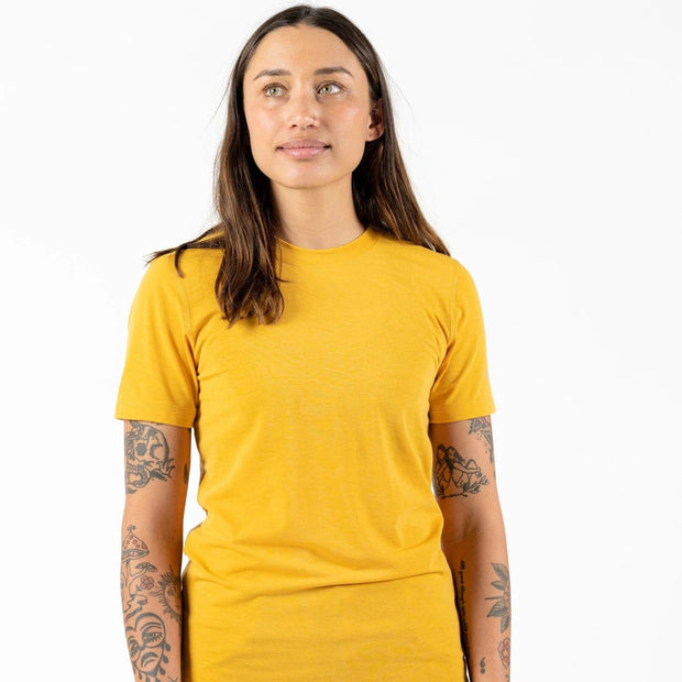 Wild Rye Salida Women's MTB Jersey, Golden Yellow, front view on a model