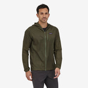 Patagonia Men's Houdini Jacket, basin green, front view on model.