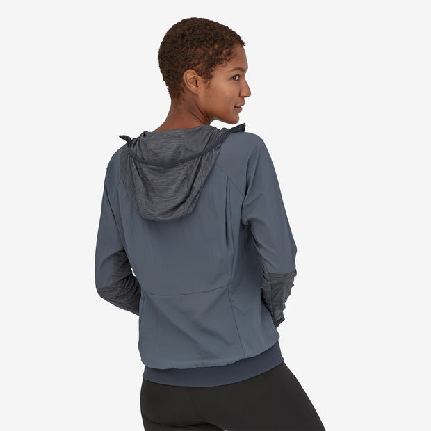 Patagonia Women's Airshed Pro Pullover, Plume Grey. Rear view on a model.