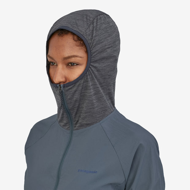 Patagonia Women's Airshed Pro Pullover, Plume Grey. Hood view on a model.
