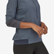 Patagonia Women's Airshed Pro Pullover, Plume Grey. Double-Knit Sleeves view on a model.