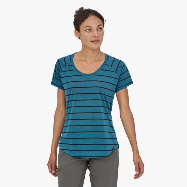 Patagonia Women's Capilene® Cool Trail Shirt, Furrow Stripe: Abalone Blue, Full View of Model