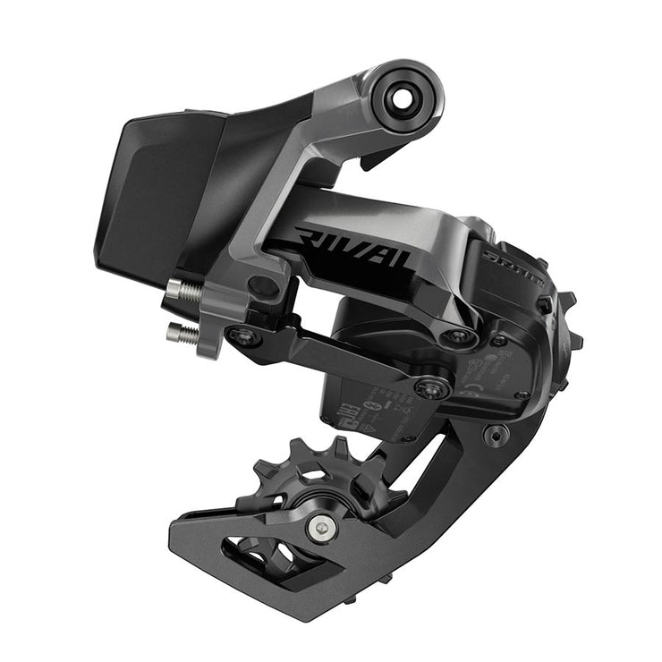 SRAM Rival eTap AXS D1 Medium Cage Rear Derailleur, full view.