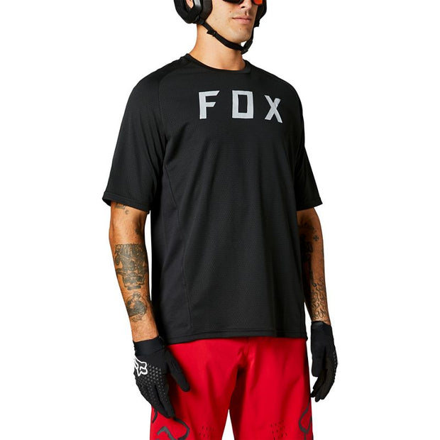 Fox Defend Short Sleeve Jersey black front view on model