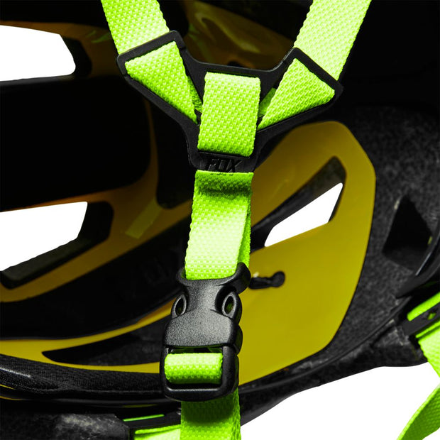 FOX Mainframe Youth Helmet, fluorescent yellow, strap close-up view.