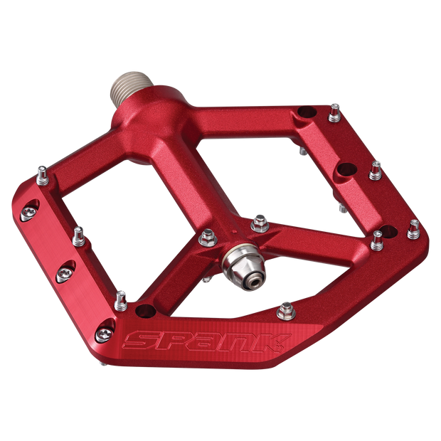 Spank Spike Reboot Pedals, dark red, full view.