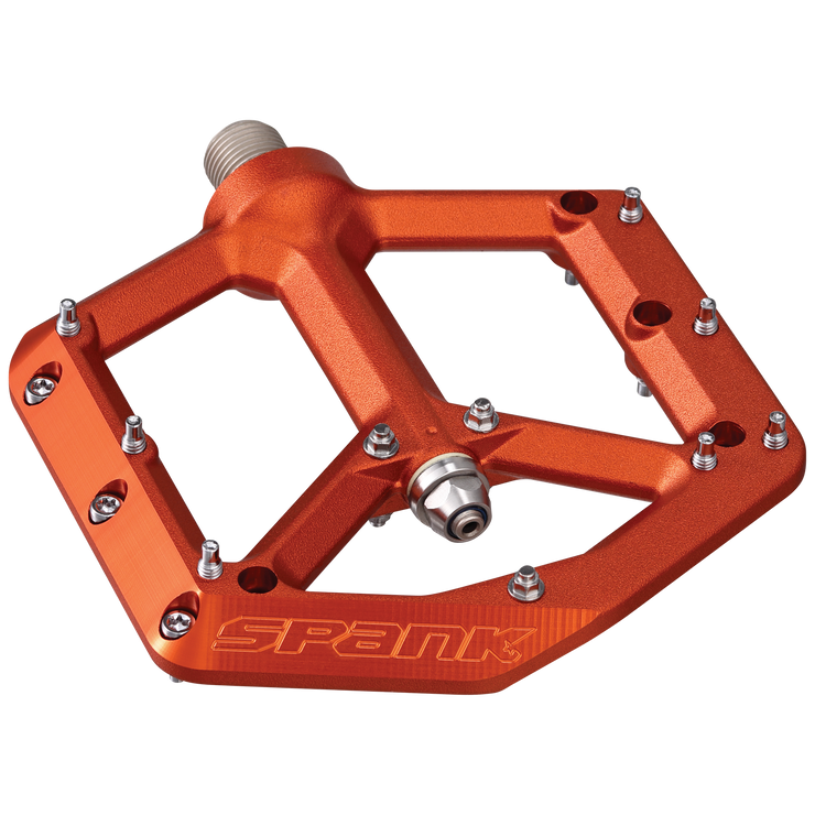 Spank Spike Reboot Pedals, orange, full view.