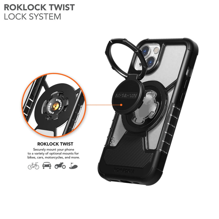 RokForm Crystal iPhone 13, Black, View of Roklock Twist Lock System