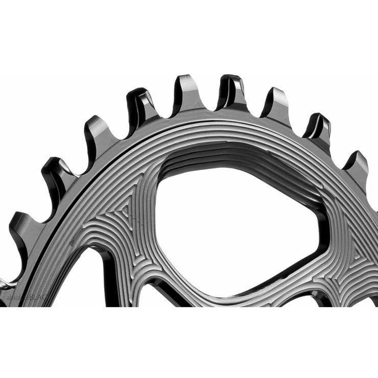 absoluteBLACK Round Direct Mount Chainring - 28t, CINCH Direct Mount, Narrow-Wide, 3mm Offset, black, close up view.