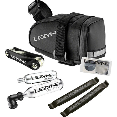Lezyne M-Caddy Seat Bag with Twin Speed Drive 16g CO2, Rap6 Tool, SmartKit, and Composite Matrix Tire Levers, Black, Full View