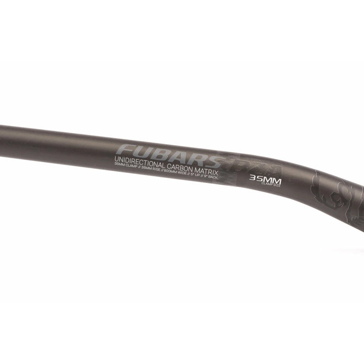 Chromag BZA Handlebar, Black/Gray. View of specs on handlebar, "35mm clamp, 35mm rise, 800mm wide, 5° up, 9° back"