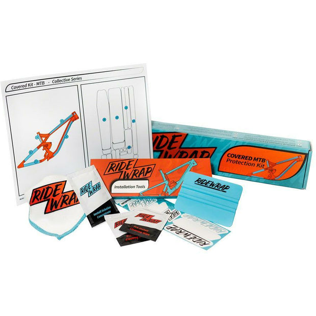 RideWrap Covered Dual Suspension MTB Frame Protection Kit - Gloss all items set out in front of box front view