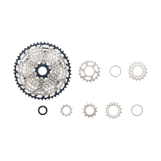 Shimano SLX CS-M7100 12-Speed Cassette, 10-45T, disassembled  full view.