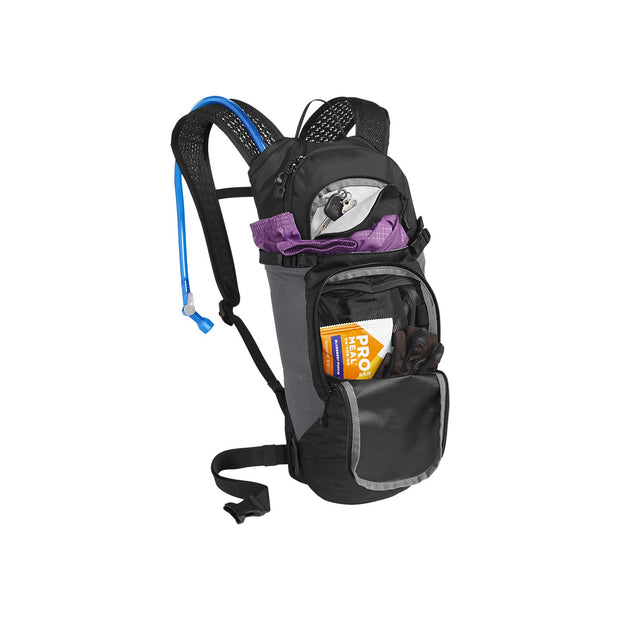 Camelbak Lobo 9 Hydration Pack 70oz, Black, View with bike and trail accessories inside of the backpack