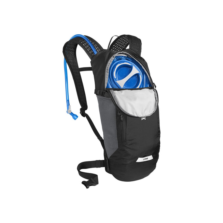 Camelbak Lobo 9 Hydration Pack 70oz, Black, View with hydration reservoir inside of the backpack