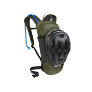 Camelbak Lobo 9 Hydration Pack 70oz, Burnt Olive/Black, View with helmet secured onto the backpack